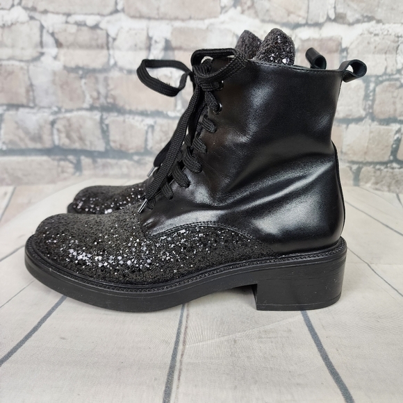 Tosca Blu Leather Combat  Boots Black Glitter Accents Size 39 Goth Punk - Picture 13 of 15